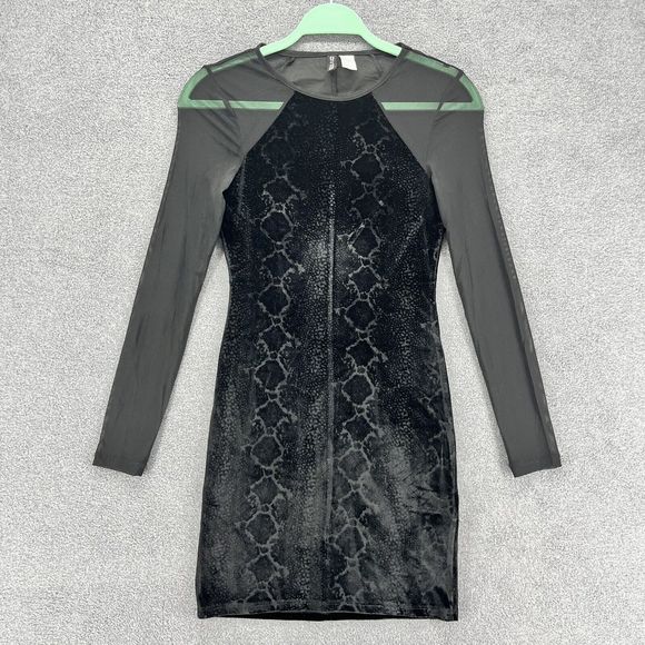 H&M Dresses & Skirts - H&M Dress womens 2 Black Velvet Bodycon Sheer long sleeve snake skin print